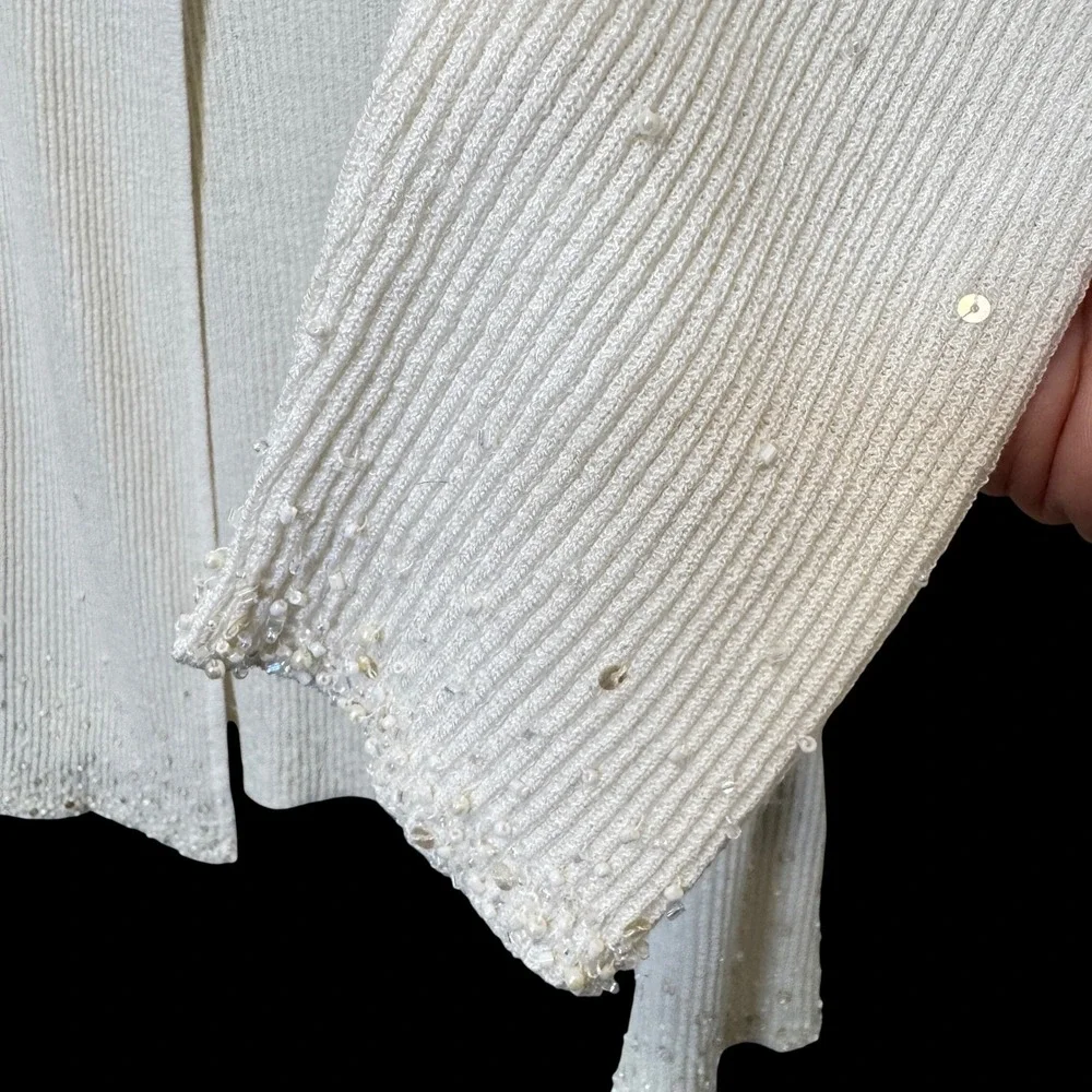 Vintage Carole Little Cardigan M Cream Hand Beaded Sequin Coquette Sweater